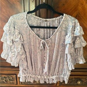Free People Floral Ruffle Sleeve Top - Lavender/Grayish